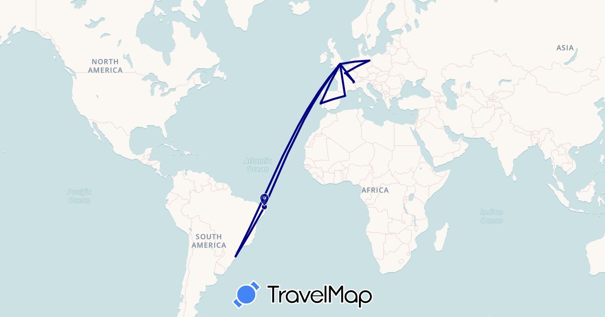 TravelMap itinerary: driving in Brazil, Switzerland, Germany, Spain, France, United Kingdom, Portugal (Europe, South America)