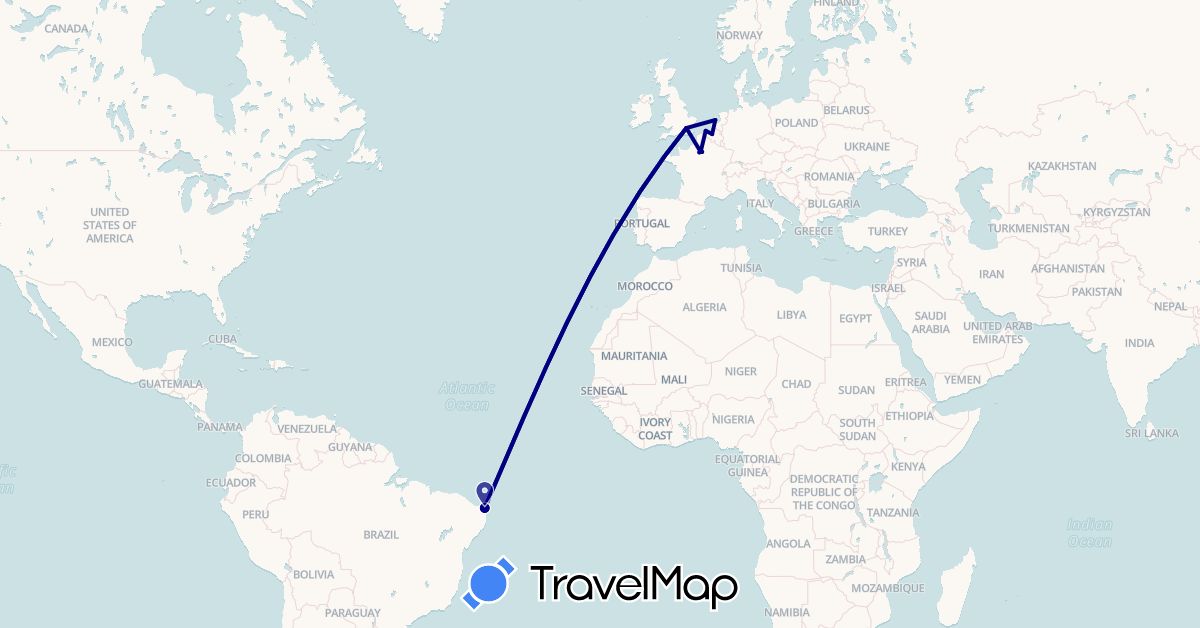 TravelMap itinerary: driving in Belgium, Brazil, France, United Kingdom, Netherlands (Europe, South America)